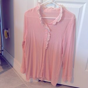 Pretty in pink long sleeve shirt. Polyester/spandex combination EYELET trim.